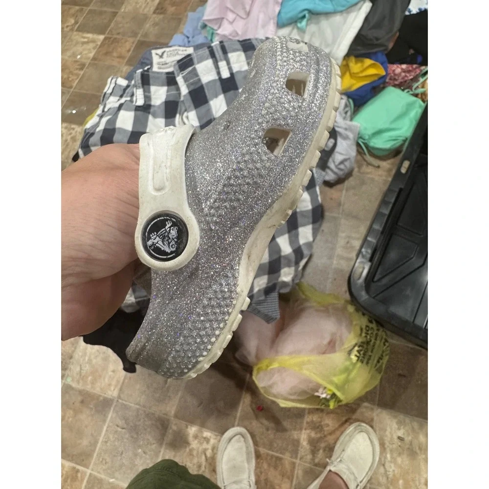 Crocs Kids Classic Glitter Clog Silver Sparkle Shoes Size C6‎